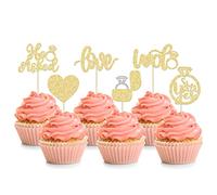 24Pcs He Asked She Said Yes Cupcake Toppers Gold Glitter Love I Do Cake Decorations Heart Ring Bachelorette Cupcake Picks Wedding Engagement Bridal Shower Party Cake Decorations Supplies