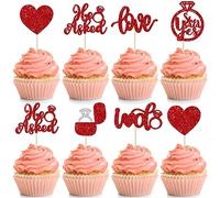 24Pcs He Asked She Said Yes Cupcake Toppers Red Glitter Heart Ring Bachelorette Cupcake Picks Love I Do Cake Decorations for Wedding Engagement Bridal Shower Party Cake Decorations Supplies