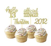 24Pcs Hello 13th Birthday Cupcake Toppers and Cake Topper - Decorations for Celebrating Teenager Thirteen Years Old Party Supplies (Gold)