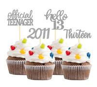 24Pcs Hello 13th Birthday Cupcake Toppers - Cake Topper Decorations for Celebrating Teenager Thirteen Years Old Party Supplies (Silver)