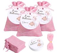 24Pcs Hessian Bags with Drawstring, Resusable, with Pink Baptism Labels, for Wedding Fabric Gift Bags