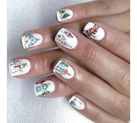 24PCS Holiday False Nails Christmas Snowman Design White Press On Tips Elegant Blue Stripes Red Flower Sparkling Detail Press On Nail Night