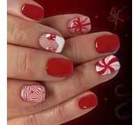 24pcs Holiday Glitter Nails Red Snowflake Candy Cane Design ABS Press Manicure Christmas Party Christmas Press-On Nails