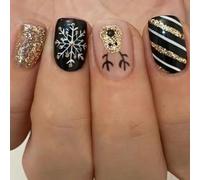 24Pcs Holiday Nails Art Black Gold White Stripes Snowflake Reindeer Short Square for Special Event Christmas