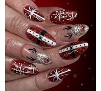 24PCS Holiday Press On Nails Red Santa Glitters Snowflakes Reindeer Pattern Durability ABS False Nails For Christmas Santa Press On Nail