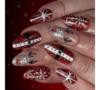 24PCS Holiday Red Santa Glitters Snowflakes Reindeer Pattern Durability ABS False Nails For Christmas Holiday Fake Nail