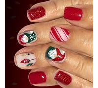 24PCS Holiday Striped With Santa Glitters Designs Fake Nails For Winter Party Art Festive Occasion Glitters Fake Nail