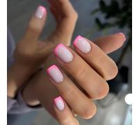 24PCS Hot Pink Square French Press On Nails - Glossy French Tip False Nails with Square Shape, Long-Lasting Stick On Kit for Women, Daily Wear & Special Occasions