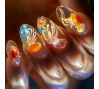 24PCS Ice Blue Almond False Nails With Jellyfish Design Transparent ABS Press On Nails For Parties And Daily Wear Bride Travel Essential Fake Nail