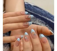 24PCS Icy Blue Glow Press on Nails - French Tip Silver Mist Horizon Skyline Minimal Crystal Accent Style - Modern Frosted Glam Chic Look Cool Breeze Nail Art