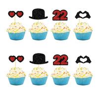 24Pcs I'm Feeling 22 Cupcake Toppers,Music Theme Singer 22nd Birthday Party Decor, Twenty Two Birthday Cake Decorations, Cheer to 22 Years Old Theme Party Decoration Supplies Black&Red Glitter