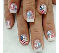 24Pcs Independence Day French Tip Press on Nails Short Square Fake Nails American Flag Design Glue on Nail Red Blue Fireworks Chrome False Nails Electroplating Acrylic Nails 4th of July Patriotic Nail