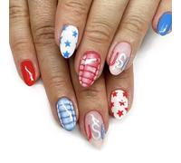 24Pcs Independence Day French Tips Patriotic Design False Nails Full Covers Acrylic Stick on Set Holiday Themed