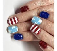 24pcs Independence Day Glitters False Nails Set 24pcs Short Square Press on Manicure Decors Stick on Manicure Accesories