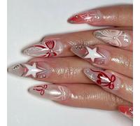 24pcs Independence Day Press On Nails Almond Shape FALSE Nails With Bows Star