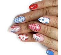 24pcs Independence Day Press On Nails French Tips Patriotic Design False Nails Full Cover Acrylic Stick Set Nail Art Kit
