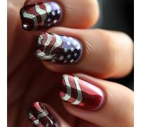 24Pcs Independence Day Press On Nails Short Square 4th Of July False Nails Star Glitters Stick On Manicure Art Acrylic Nail
