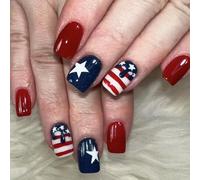24Pcs Independence Day Themed False Nails Short Square Press On Glossy Star Red Lines Acrylic For Women Independence Day Nail
