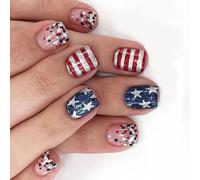 24Pcs Independence Day Themed False Nails Short Square Press on Glossy Stick on Star Red Lines Acrylic Independence Day