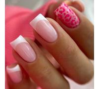 24PCS Iridescent French Tips Press On Nails with Hot Pink Leopard Accent - Glossy Nude Pink Square False Nails for Women Full Cover