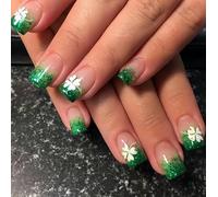 24PCS Jade Green Press On Nails - Four-Leaf St. Patrick Floral Accents Elegant Glitter Gradient - Spring Festival Manicure for Women Daily Wear and Special Occasions