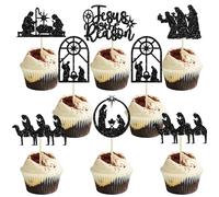 24Pcs Jesus Christmas Cupcake Toppers Glitter Religion Christmas Nativity Cupcake Picks Jesus Birthday Cake Decorations for Holy Nativity Christmas Party Decorations Black