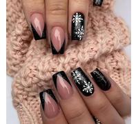 24PCS Jet Black Press On Nails - Snow White Blush Pink Nude Glitter French Manicure Coffin Shape Chic - Square Monochrome Elegance Winter Snowflake Nails for Women