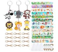 24Pcs Jungle Animal Keychains Wristband With Bags And Card Party Treat For Birthday Decorations And Goodie Bag Fillers
