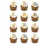 24Pcs Jungle Safari Animal Cupcake Toppers 2nd Happy Birthday Cake Decor for kids Wild Jungle Animal Theme Party Supplies Celebrating Party Events Edible Wafer Card PRECUT