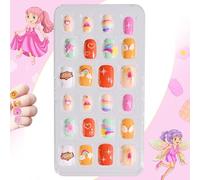 24PCS Kids Press on Nails - Full Cover Cartoon Stick on Nail Set with Princess, Rainbow, Cupcake, Starfish, Angel Wings, Hearts, Sparkles Design - Easy & Fun Fake Nails for Girls（03）