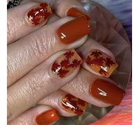 24Pcs Leaf Themed Press On Nails Tips Glitering European Design Short Square Artificial Nails Tips Radiance Short Square Press On Fingernail