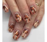 24Pcs Leaf Themed Press On Tips Gold Foil Striped Leaf Design Short Square Artificial Nails Tips Radiance Shimmering Flower ABS False Nail