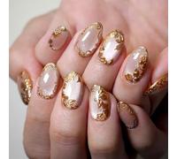 24Pcs Leaves Medium Almond False Nail 3D Flower Press on Nails Vine Gel Glue on Fingernails Glossy Gold Curve Line Stick on Nail Acrylic Full Cover Fake Nails for Holiday Manicure Art