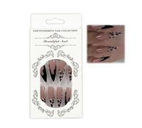 24PCS Leopard False Nails, Black French Cheetah Pattern Press on Nail Set, Ballerina Stick on Nail for Women, Full Cover Acrylic Long Almond Fake Nails for Nail Art with Adhesive Stickers