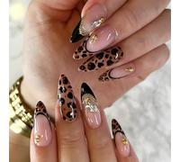 24Pcs Leopard Press on Nails Almond, French Tip Nails Press Ons with Charms, Glossy Acrylic False Nails for Women, Girls for Parties, Wedding (Medium)