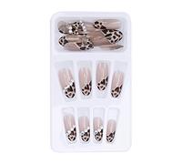 24pcs Leopard Print Faux Pearl False Nails - Full Cover Stylish Fake Nail Tips for Elegant Manicures at Home or Salon
