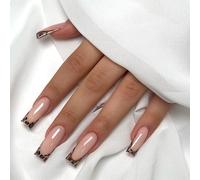 24PCS Leopard Print French Tip Press On Nails - Long Square False Nails Set for Women, Made of Premium ABS, Easy Application with Accessory Tool, Stylish & Durable
