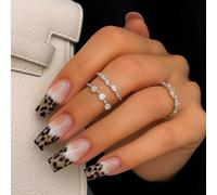 24PCS Leopard Print Press On Nails With Metallic Accents - Short Square French Tip False Nails, Fashion Forward Stick On Fake For Women, Trendy & Edgy Reusable