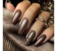 24pcs Leopards Print Coffin Nails Set Press on Fall Winter Full Covers Stick on Manicure Accesories Tips