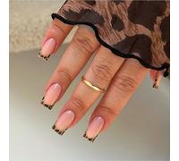 24Pcs Leopards Print French Tip Press On Nails Short Square Stick On Nails Glossy Full Covers False For Art Glossy Full Cover Nail