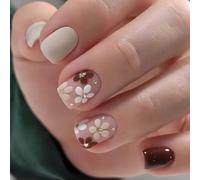 24PCS Light Brown Flower Press on Nails - Short Square False Nails with Jelly Adhesive Tabs, Chic Light Brown Floral Design, Delicate Daisy Accents, Glossy & Matte Contrast