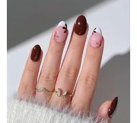 24PCS Light Brown French Press On Nails - Oval Shape False Nails with Chic Combo & Floral French Accent, Glossy Finish Short Almond Stick On for Women
