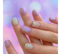 24PCS Light Purple Aurora Short Square Press On Nails with Nail Jelly Adhesive Tabs - Full Cover Glossy Fake Nails with Iridescent Sparkle - Removable French Tip False Nails