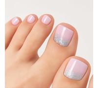 24Pcs Light Purple Press on Toenails with Glitter Short French Tip False Toe Nails Full Cover Stick on Toenails with Accessory Tools Long Lasting Easy DIY Nail Art Summer Pedicure Set for Women Girls