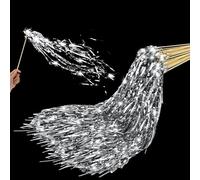 24pcs Lighted Wedding Wands Send off, LED Glow Ribbon Fairy Stick with Shiny Foil Tinsel Glitter Hand Light up Streamers for Bridal Baby Shower Birthday Party Celebration (Silver)