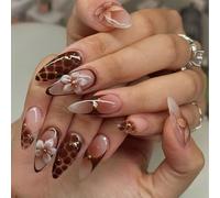 24PCS Long Almond Brown Press On Nails - Vegan Leather Texture & Gold Foil Accents | Eco Gel Tabs Kit for Sensitive Skin