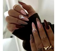 24pcs Long Almond Dark style False Nails Rhinestone Cross Stick on Nails Silver Swirl Press on Nails Removable Glue-on Nails Full Cover Gothic Fake Nails Women Brides Nail Art Accessories