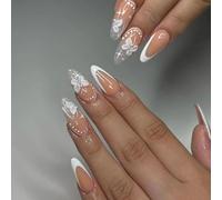 24pcs Long Almond Dark style False Nails Rhinestone Cross Stick on Nails Silver Swirl Press on Nails Removable Glue-on Nails Full Cover Gothic Fake Nails Women Brides Nail Art Accessories