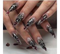 24pcs Long Almond Dark style False Nails Rhinestone Cross Stick on Nails Silver Swirl Press on Nails Removable Glue-on Nails Full Cover Gothic Fake Nails Women Brides Nail Art Accessories
