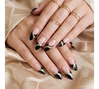 24pcs Long Almond False Nails Black Gold French Tip Press on Nails Luxury Glitter Gold Swirl Design Nude Pink Stick on Nail Tips Removable Glue-on Fake Nail Art Gothic Accessories for Women